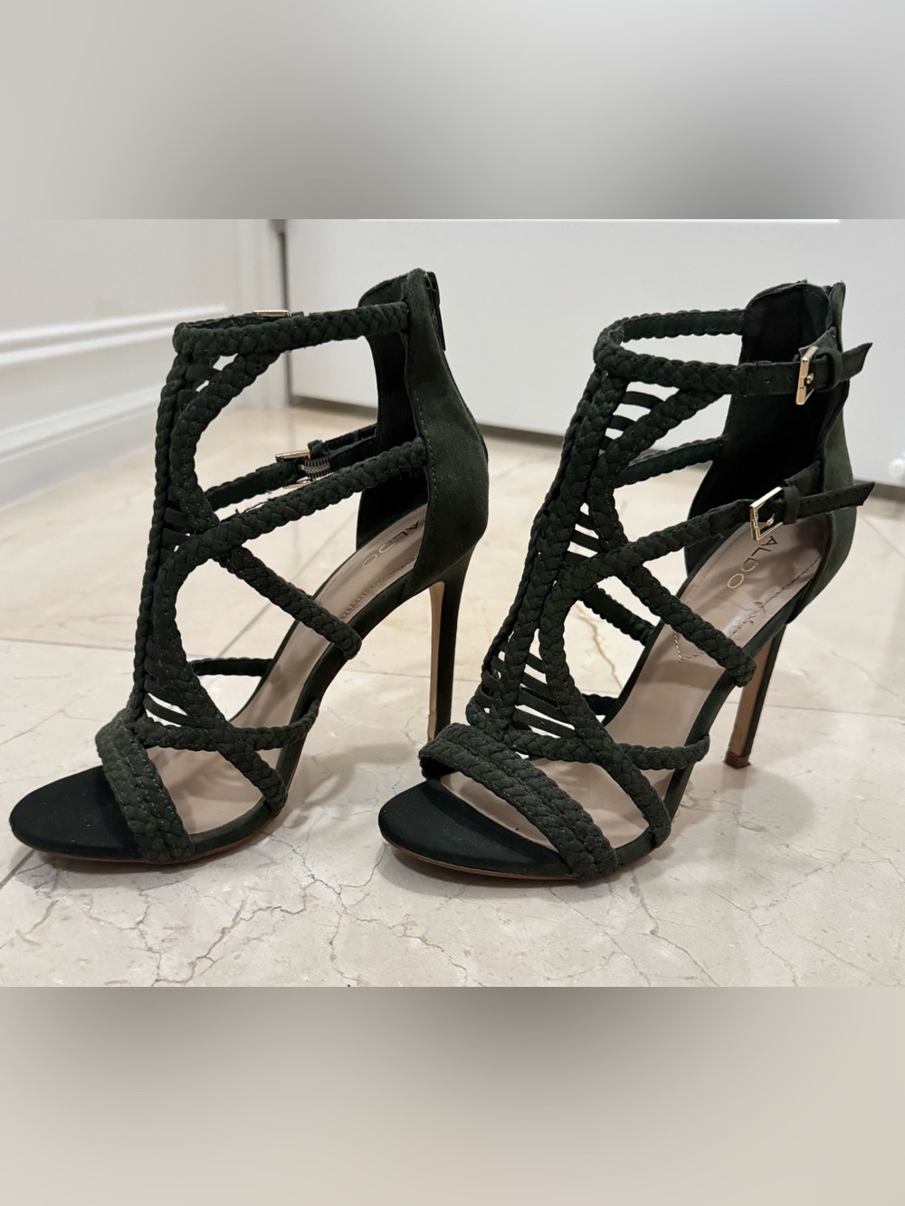 Aldo olive braided high heels with ankle strap
